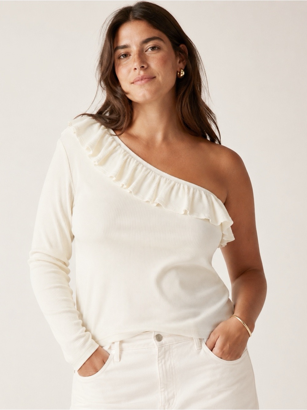 J. Crew Women Cream Ribbed One-Shoulder Ruffle Neck Top US2X Preppy Classic Boho